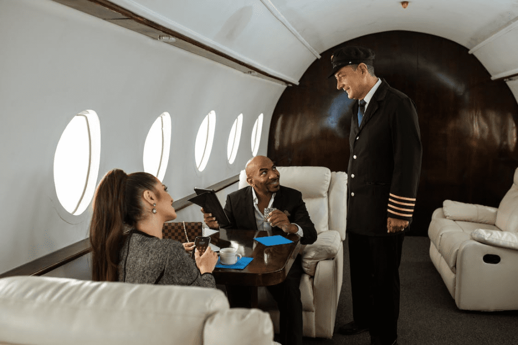 a couple enjoying traveling like a celebrity with in-flight services